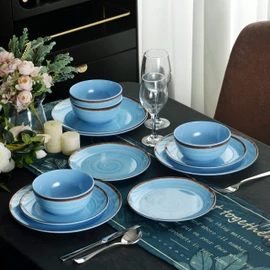 Melamine Dinnerware Set, Plates And Bowls Sets for 4, 12PCS Blue Color Dinnerware Sets, Unbreakable Dinnerware Dishwasher Safe BPA Free(Blue)