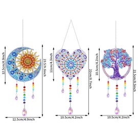 3 Pack Diamond and Painting Suncatcher Window Hanging Ornament Crystal Window Garden Decor DIY Kits for Beginners Adult Kids -Tree, Moon, Heart