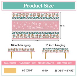 Tailus Merry Christmas Gingerbread Man Rectangle Tablecloth 60 x 104 Inch, Pink Xmas Peppermint Candy Decorative Table Cloth Dining Table Cover, Winter Snowflake Holiday Dinner Party Picnic Decoration