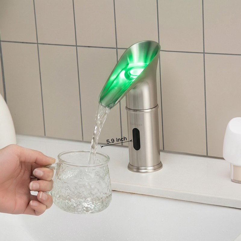 Gangang LED Waterfall Bathroom Touchless Faucet Brush Nickle Automatic Motion