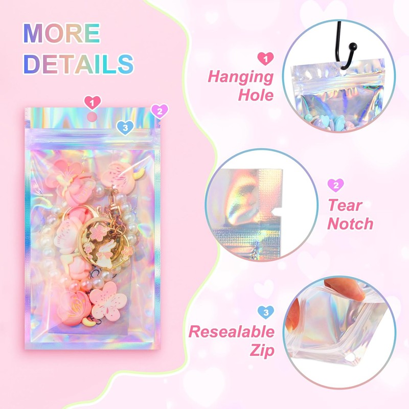ANZNKU 100 Pack Mylar Bags Reasealable Holographic Bags, Smell Proof