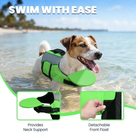VIVAGLORY Front Float Dog Life Vest, Dog Life Jacket for Swimming & Boating, Swimming Vest with Chin Float & Handle, Ripstop & Buoyancy for Puppy Doggy, XS, Bright Green