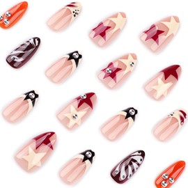 CEWEWP Almond Fake Nails Medium Press on Nails French Tip Colorful Stars Silver Y2K Pearls Design Full Cover Glue Stick on Nails for Women 24Pcs