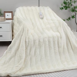 TiMiCalda Heated Blanket Electric Twin- 62"x84" Soft Thick Faux Fur Electric Blanket for Sofa with 5 Heat Levels & 4 Hours Auto-Off Overheat Protection, Warm Cozy Gifts, Cream