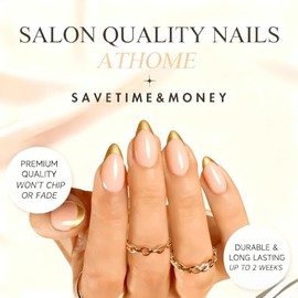 Uñas francesas prensadas cortas almendra, uñas francesas doradas cromadas con base nude natural, uñas postizas de gel suave con pegamento, uñas adhesi