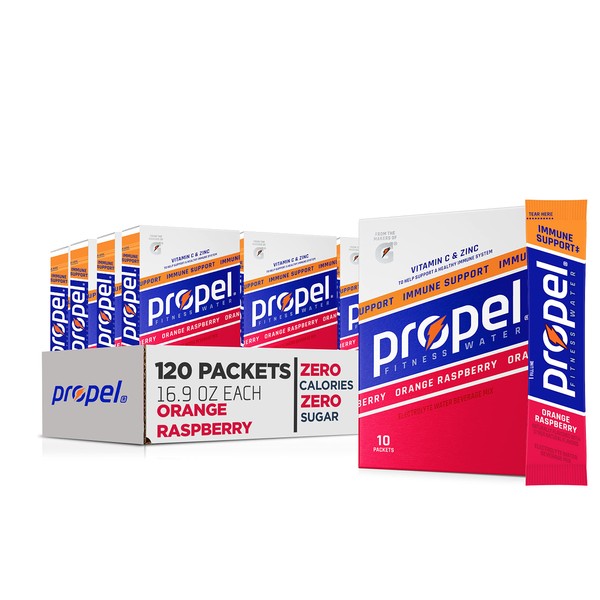 Propel Immune Support With Vitamin C + Zinc Powder Packets, Orange Raspberry,10 Count (Pack of 12)