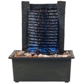 Indoor Water Fountain With LED Lights- Lighted Waterfall Tabletop Fountain With Stone Wall and Soothing Sound for Office and Home Décor By Pure Garden Black