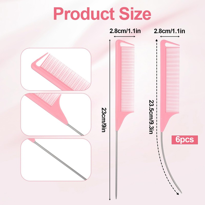 MBAIYO 6 Pcs Rat Tail Combs, Pink C Curved and