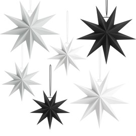 Yomisee Paper Stars Christmas Pack of 6, 3 x 30 cm + 3 x 45 cm Folding Star Christmas, 9 Points Paper Star for Hanging, Christmas Star Decoration for Window, Christmas Tree (Black & White & Grey)