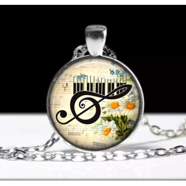 Fashion Jewelry PIANO MUSIC NOTES  FLOWER Large Round Pendant Charm Silver 20" Necklace Women