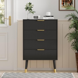 GarveeHome Fluted 4 Drawer Dresser Black Dresser with Gold Metal Handles Small Dresser Storage Chest Cabinet Organizer Wood Chest of Drawers for Bedroom,Living Room - Black