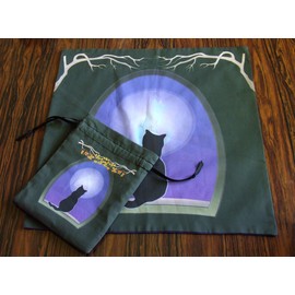 Tarot or Altar Accessory Set - Bast in the Moon - Pagan or Wiccan Altar Cloth or Tarot Cloth for Rituals, Tarot Readings & Fortune-telling