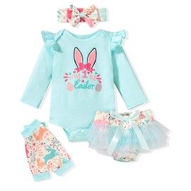 Conjunto de 4 piezas de ropa de conejo de Pascua para bebés recién nacidos, conjunto de pantalones cortos tutú, Conejito azul, Prematuro
