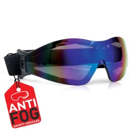 BISON LIFE Mirage Anti Fog Safety Goggles with Adjustable Elastic Band & Protective Pouch, UV Protection Eye Goggles for Outdoor Activities, Blue Mirror, Vented Dustproof Goggles for Men & Women