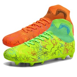 ESXGED Womens High Top Lightweight Soccer Cleats Mens Comfy Football Boots Spikes Shoes Training Sports Sneakers Green-Orange Size 10w/8.5m