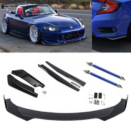 Xotic Tech Front Bumper Lip Spoiler + Side Skirt Splitter + Rear Bumper Lip Wrap Splitter Canard Car Body Kits + Blue Adjustable 10"-13" Support Rods Compatible with Honda Civic Accord Acura Integra