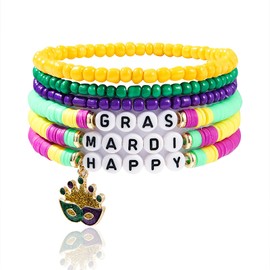 kepvrio Mardi Gras Bracelets for Women Glitter Mask Crown Beaded Bracelet Set Mardi Gras Purple Green Surfer Heishi Bracelets Charm Bracelets Carnival Holiday Accessory Party Jewelry (Style-D)