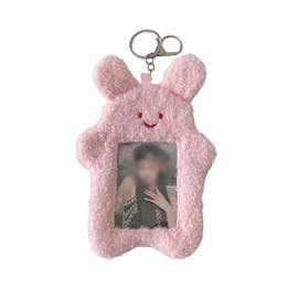 DPWOUM Pink Cute Plush Photocard Holder with Keychain, 6.3 X 5.12 In Cartoon Bear Rabbit Cat Photo Sleeve Cartoon Plush Photo Sleeve Protective Case Photo Albums
