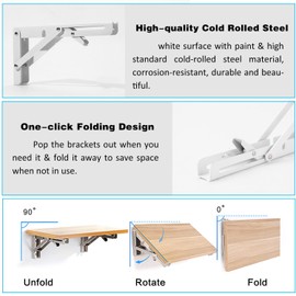 4 Pcs Folding Shelf Brackets, 18 Inch Shelf Brackets Heavy Duty Collapsible Triangle Stainless Steel L Brackets for Wood Shelves, Max. Load 450 lb, DIY Wall Mounted Space Saving for Bench Table, White