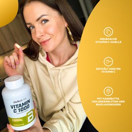 BioTechUSA Vitamin C 1000 + BioFlavonoide | Mehrere Quellen | Immunstütze | Hagebutte, Holunderblüte & Zitrone, 250 Tabletten