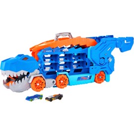 Hot Wheels City Ultimate Hauler, Transforms into Stomping T-Rex with Race Track, Lights and Sounds, Toy Storage for 20+ 1:64 Scale Cars