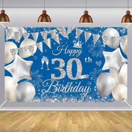 180*110cm Happy 30th Birthday Banner Men Women,Navy Blue Sliver 30th Birthday Decorations Backdrop Fabric 30th Birthday Sign Poster Birthday Photo Background for Her Him 30 Birthday Anniversary Party