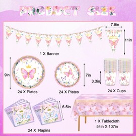 Butterfly Party Decorations 98Pcs Girls Party Decorations Suppiles Set Include Plates, Napkins, Cups, Banner and Tablecloth Butterfly Theme Party Favors Kit (Butterfly)