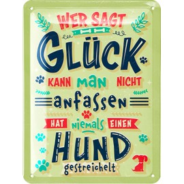 LANOLU Retro Tin Sign Dog - Wer sagt Glück kann man nicht anfassen - Decorative Dog Gifts for Dog Lovers - Metal Sign with Funny Saying - Decoration for Garden and Kitchen 15 x 20 cm