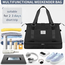 ETRONIK Weekender Bags for Women, Gym Bag with Shoes Compartment & Wet Pocket, Travel Duffel Bag with Trolley Sleeve for Personal Item Travel, Overnight Carry on Bag, Black