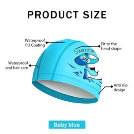 SSKHE Swimming Cap for Kids Boys Girls Swimming Cap Coated PU Waterproof and Comfortable Swimming Cap for 3-16 Years Kids/Girls Long Hair (Light Blue)