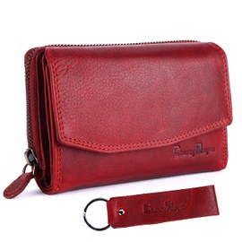 Chunkyrayan Genuine Leather Women's Purse, High-Quality, Vintage, RFID Protection, Includes Leather Keyring, red