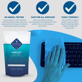 Antibacterial Cleaning Wipes - Viresist 10 Day Residual Protection - Sanitising Surface Wipes for all Hard Surfaces- Made in UK - Refillable Pouch of 150 Large Strong Wet Wipes - Refill Pack of 1