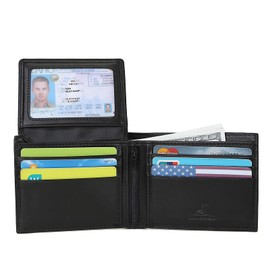CALFART RFID Slim Front Pocket Wallets For Men - Genuine Leather Credit Card Mens Bifold Wallet With 2 ID Windows Zipper Coin Stylish Passcase (Black-Carbon Fiber)
