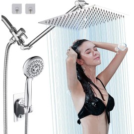 Shower Head, 10'' Rain High Pressure Shower Heads with 5 Settings Handheld Shower Head Combo, 78'' Long Hose and 11'' Extension Arm, Water Temperature Reminder (Square Chrome Shower Head)