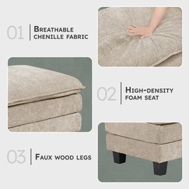 Lexicon Chenille Upholstered Rectangle Ottoman, Foot Stool, Black Faux Wood Feet, Durable Frame, Large Padded, Modular Sectional Couch Add Ons for Living Room, Bedroom, Assembly Required, Light Taupe