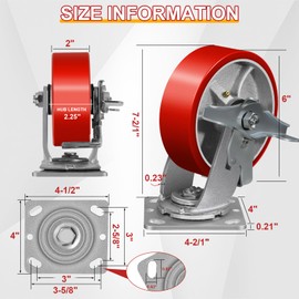 ASOMWLS 6" X 2" Caster Wheels, Heavy Duty Casters with Roller Bearing, Each Polyurethane Industrial Swivel Casters Load 1200lbs Use for Platform Truck Cart Workbenches (1 Brake)