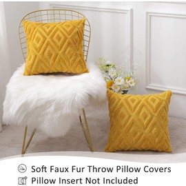 CJWLKJ 2Pcs Soft Faux Fur Throw Pillow Covers 18x18 - Plush Short Wool Velvet Decorative Pillow Covers - Couch Sofa Pillow Covers for Living Room - with 3D Diamond Pattern (Mustard Yellow)