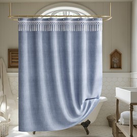 AmazerBath Blue Boho Shower Curtains for Bathroom, Farmhouse Shower Curtain with Top Tassels, Blue Shower Curtain Set, Faux Linen Fabric Shower Curtain with 12 Hooks, Hotel Quality, 72x72 Inches