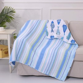 Levtex Home - Catalina - Quilted Throw - 50x60in. - Striped Coastal Pattern in Blues and Greens - Reversible Pattern - Cotton Fabric