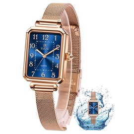 Taxau Women's Watch Women's Watches Women's Blue Square Dial Compact Women's Watch Adjustable Sophisticated Women's Watches Rose Gold Mesh Belt Luxury Women's Watch Waterproof Quartz Movement
