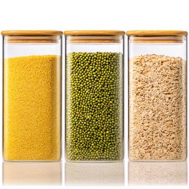 57oz - 3 Pack Square Glass Jars with Bamboo Lids, Glass Food Storage Containers with Airtight Lids for Kitchen, Air Tight Pantry Storage Containers for Cereal, Pasta, Rice, Sugar, Coffee, Spice