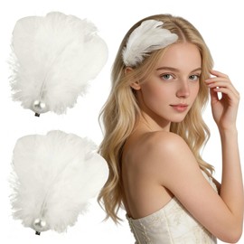 2Pcs White Feather Hair Clips - Artificial Swan & Ostrich Feathers with Faux Pearls, Feather Hair Accessories & White Hair Accessories for Women for Wedding, Engagement, Birthday, Party, Stage