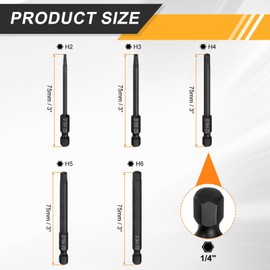 sourcing map 5pcs Flat Hex Head Drill Bit H2/H3/H4/H5/H6 Magnetic Tip 1/4" Hex Shank 75mm (3") Long S2 Steel Metric Hexagonal Screw Driver Screwdriver Bits Wrench Socket, Black