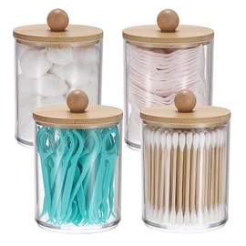 SUMTree 4 Pcs Apothecary Jars Cotton Ball & Swabs Holder Clear Acrylic Bathroom Storage Container with Bamboo Lid, Clear