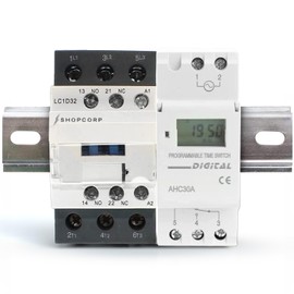 Shopcorp 3 Pole Contactor 30 amp Normally Open, Auxiliary 1NO/1NC 110/120V Coil, Motor Load 32A, Lighting 40A, 50A - AC Contactor Bundle with Programmable Timer Relay and DIN Rail 35 x 150 mm