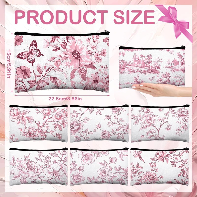 Stuffygreenus 16 Pcs Floral Cosmetic Bags Bulk for Women Pink