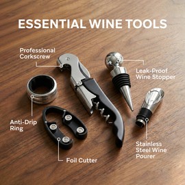 5-Piece Wine Opener Gift Set with Wooden Box, Premium Stainless Steel Wine Accessories Kit, Corkscrew, Pourer & Stopper for Home Use