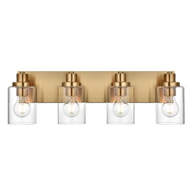 Wanluce 4 Light Bathroom Vanity Lights Brushed Brass Bathroom Lighting Fixtures over Mirror with Clear Glass Shade, Vintage Gold Vanity Light For Bathoom, Modern Bathroom Wall Vanity Lighting Fixtures