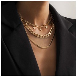 Yheakne Vintage Layered Curb Chain Necklace Gold Herringbone Chain Dangle Star Choker Necklace Punk Multiple Layer Chain Necklace Jewellery for Women and Girls (Gold)