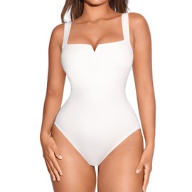 FeelinGirl Body Women's Shapewear Tummy Control Summer Fashion Square Neck with V Opening Going Out Tank Tops Shaper Bodysuit, White